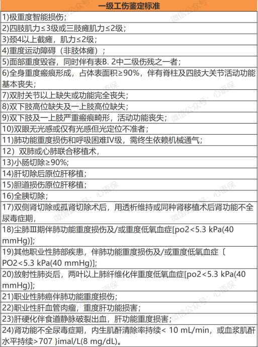 一级工伤鉴定标准